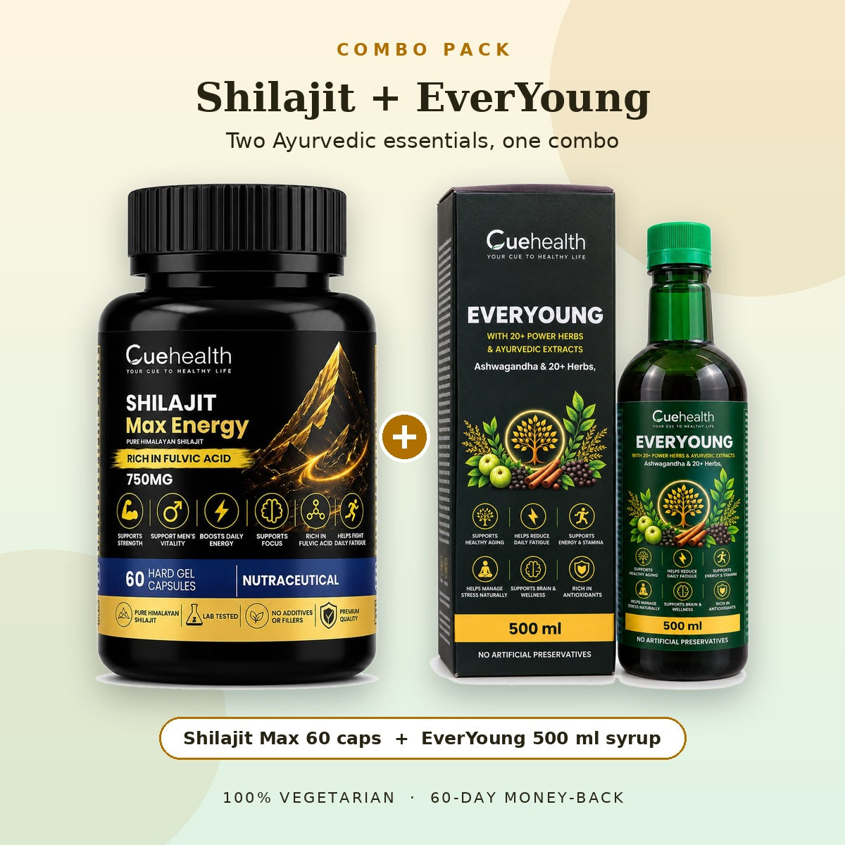 Cuehealth Shilajit Max Energy 60 capsules and EverYoung 500 ml syrup combo pack