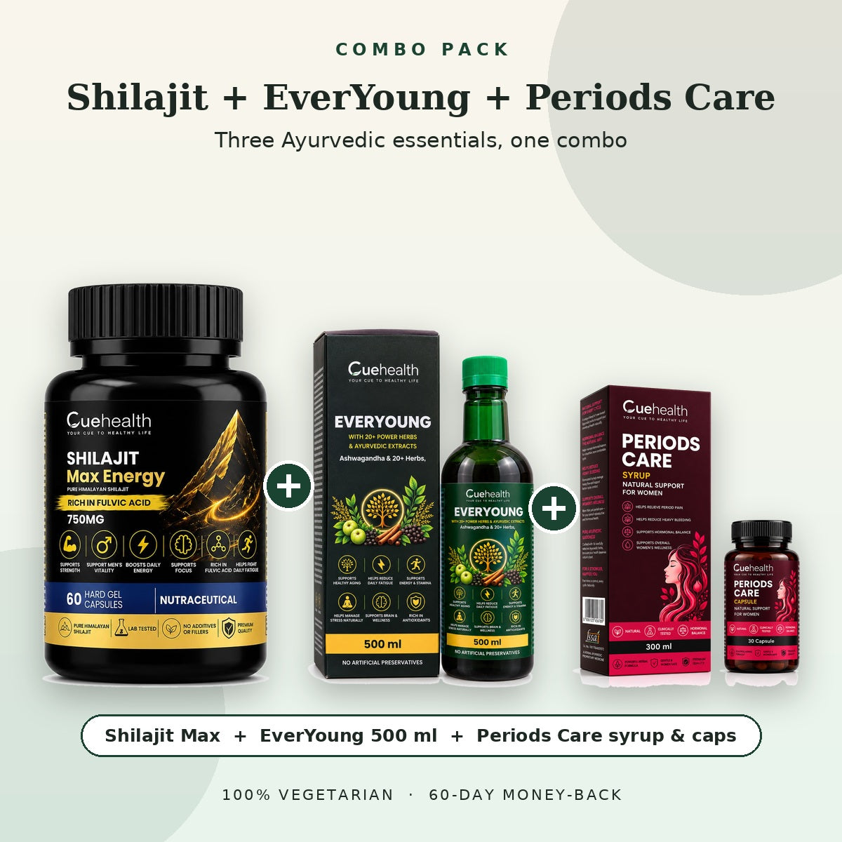 Cuehealth Shilajit Max Energy, EverYoung 500 ml syrup and Periods Care syrup with capsules combo pack