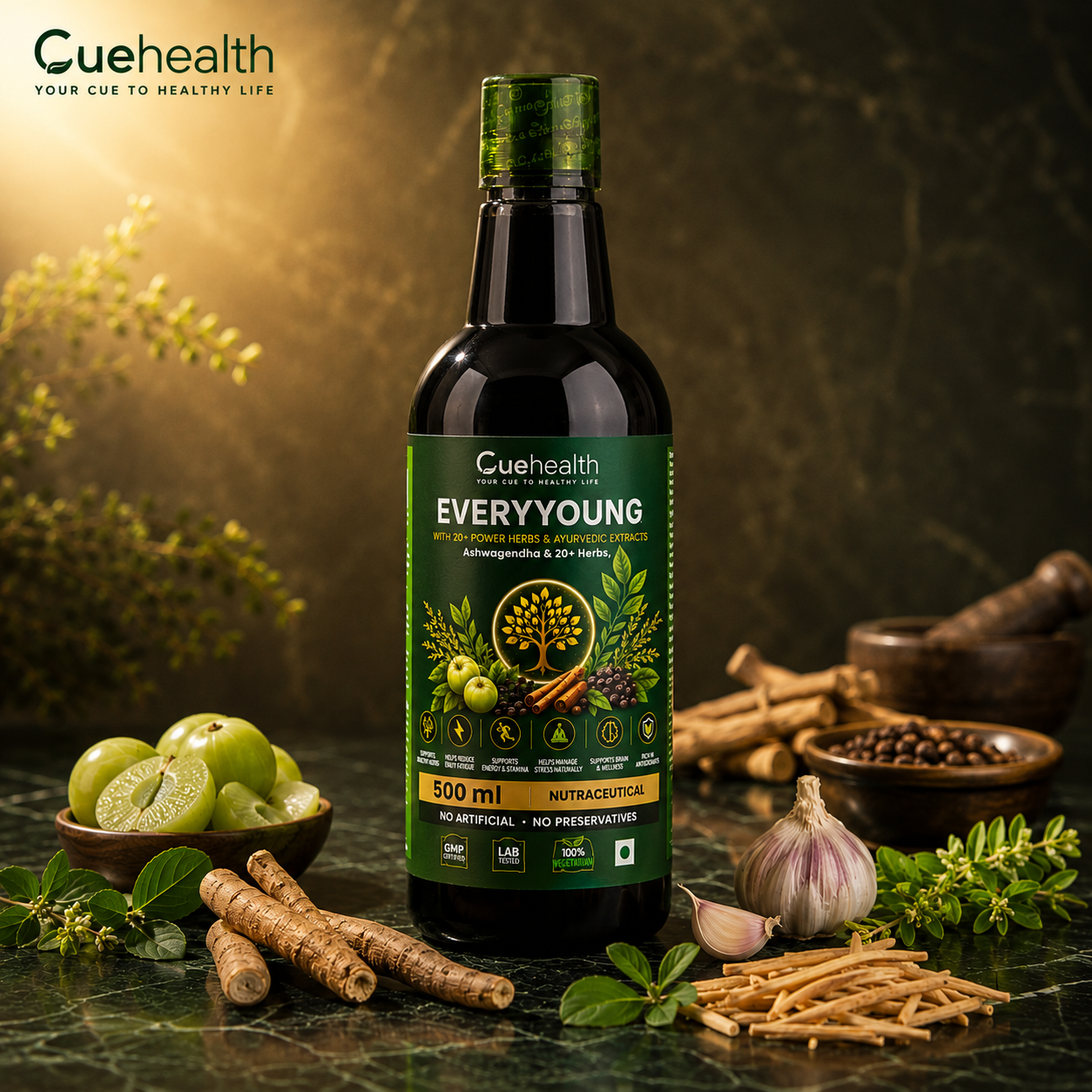 Cuehealth EverYoung Brand Ayurvedic Herbal Liquid - 20+ Traditional Herbs (500ml)