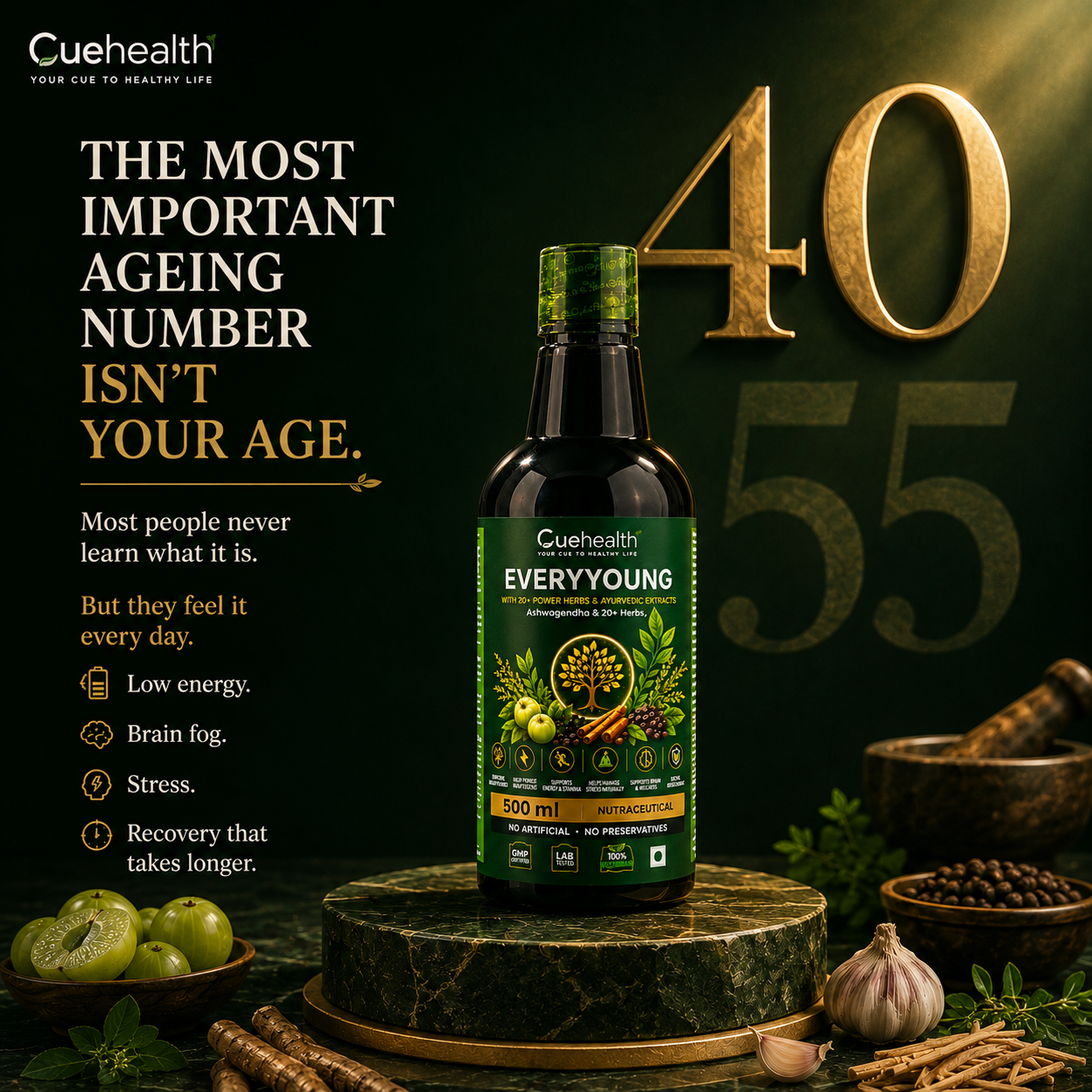 Cuehealth EverYoung Brand Ayurvedic Herbal Liquid - 20+ Traditional Herbs (500ml)