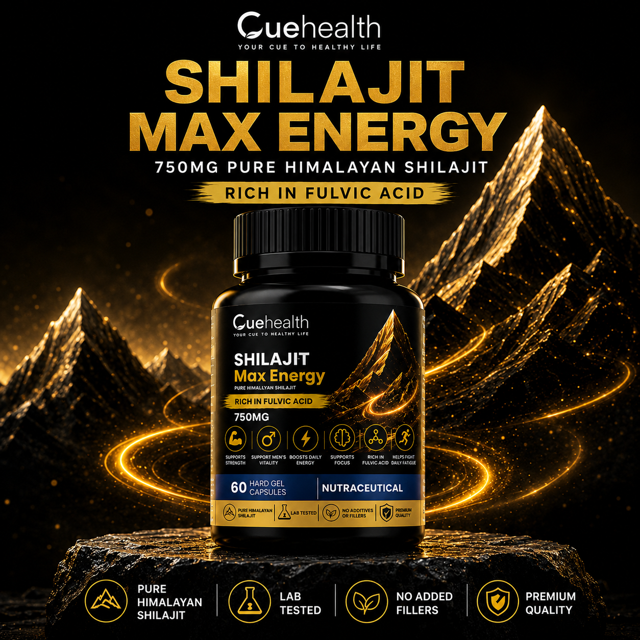 Cuehealth Pure Himalayan Shilajit Extract - 750mg | 60% Fulvic Acid (60 Vegetarian Capsules)