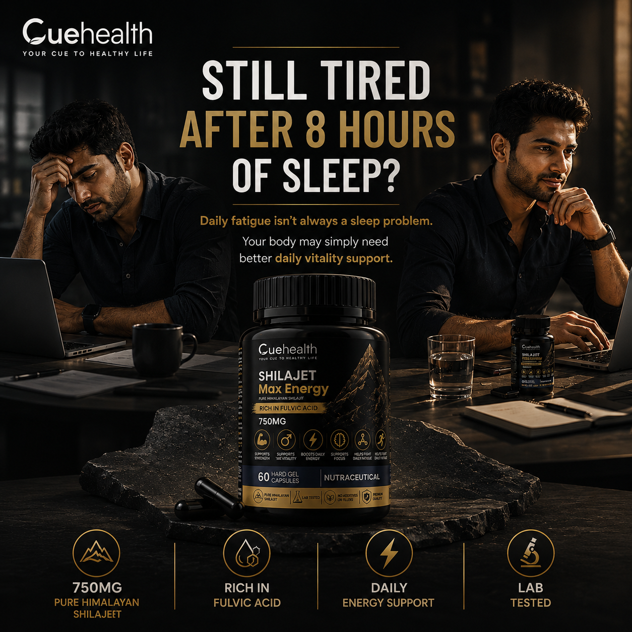 Cuehealth Pure Himalayan Shilajit Extract - 750mg | 60% Fulvic Acid (60 Vegetarian Capsules)