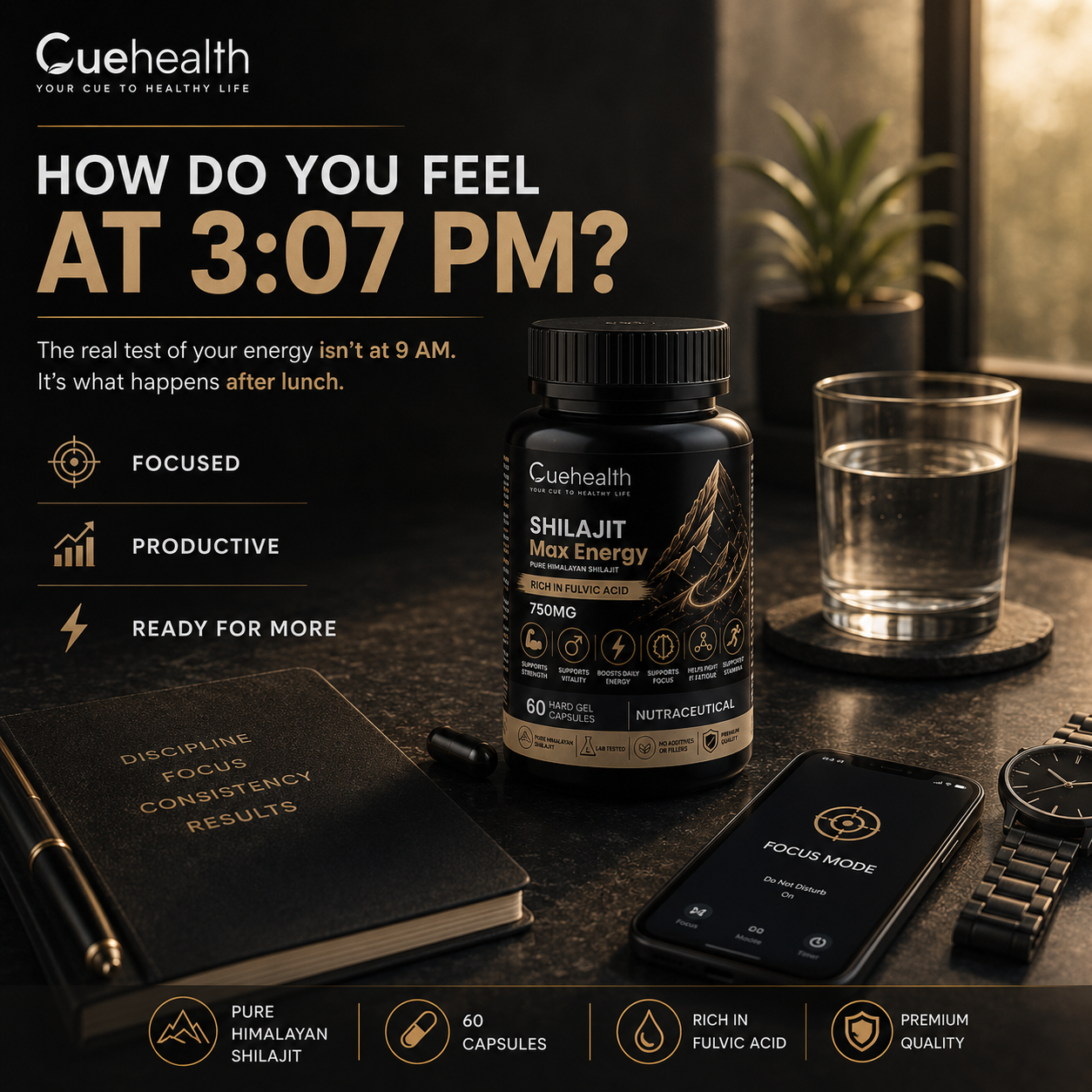 Cuehealth Pure Himalayan Shilajit Extract - 750mg | 60% Fulvic Acid (60 Vegetarian Capsules)