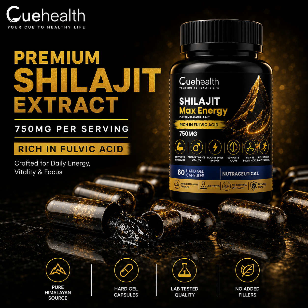 Cuehealth Pure Himalayan Shilajit Extract - 750mg | 60% Fulvic Acid (60 Vegetarian Capsules)