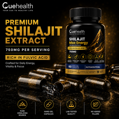 Cuehealth Pure Himalayan Shilajit Extract - 750mg | 60% Fulvic Acid (60 Vegetarian Capsules)