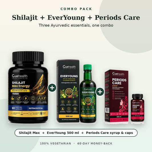 Cuehealth Shilajit Max Energy, EverYoung 500 ml syrup and Periods Care syrup with capsules combo pack