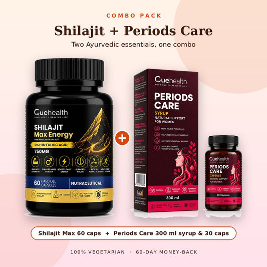 Cuehealth Shilajit Max Energy 60 capsules and Periods Care 300 ml syrup with 30 capsules combo pack