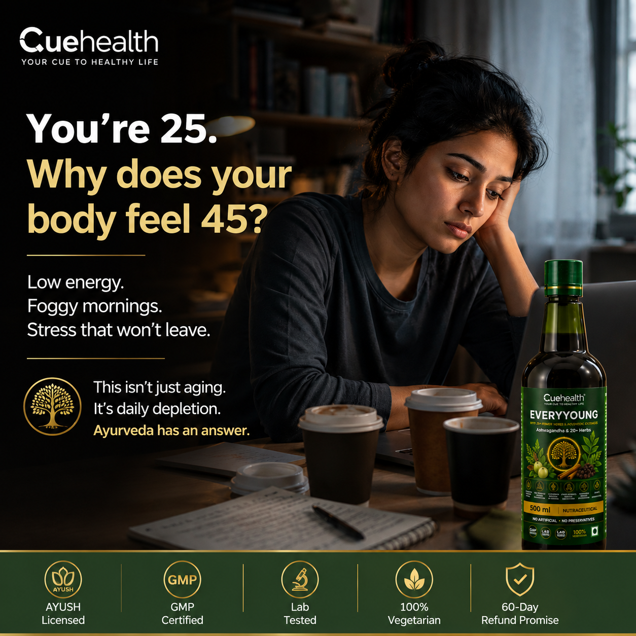 Cuehealth EverYoung Brand Ayurvedic Herbal Liquid - 20+ Traditional Herbs (500ml)