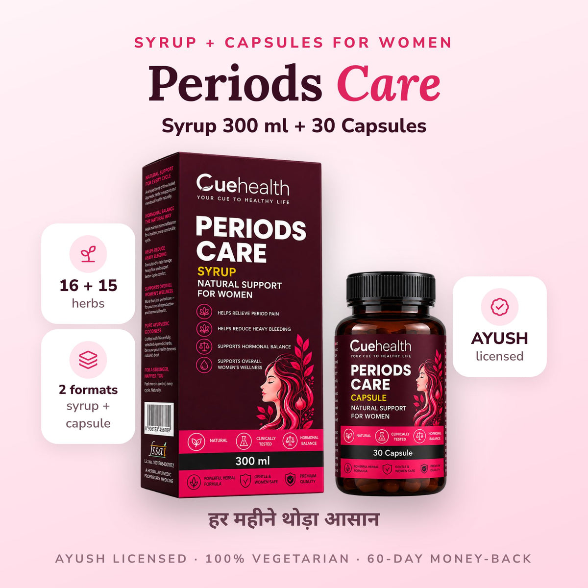 Cuehealth Periods Care Combo for Women | Ayurvedic Syrup 300ml + 30 Capsules | Period Comfort, PMS & Hormonal Balance