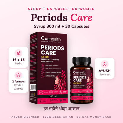 Cuehealth Periods Care Combo for Women | Ayurvedic Syrup 300ml + 30 Capsules | Period Comfort, PMS & Hormonal Balance