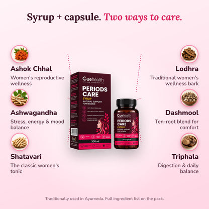 Cuehealth Periods Care Combo for Women | Ayurvedic Syrup 300ml + 30 Capsules | Period Comfort, PMS & Hormonal Balance