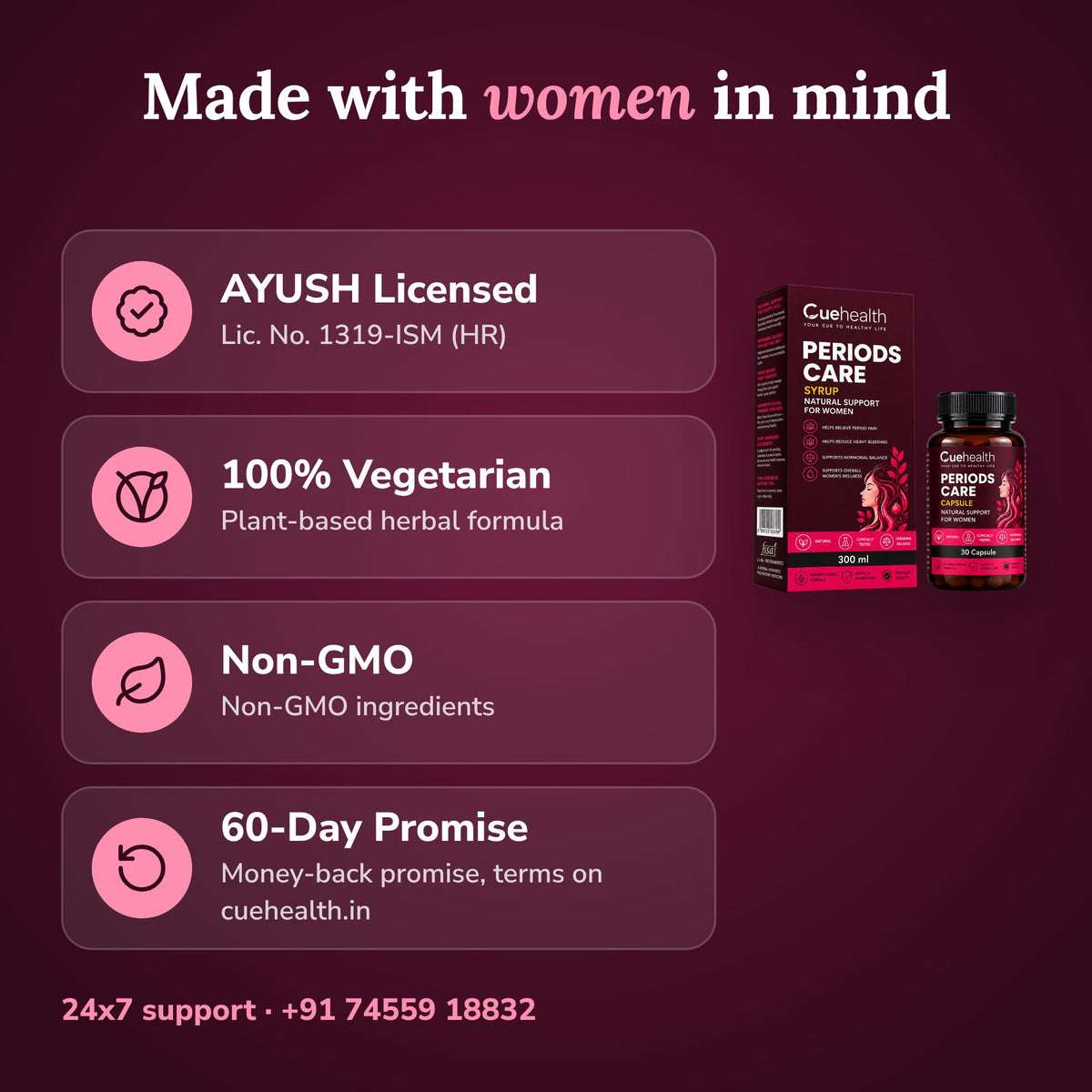 Cuehealth Periods Care Combo for Women | Ayurvedic Syrup 300ml + 30 Capsules | Period Comfort, PMS & Hormonal Balance