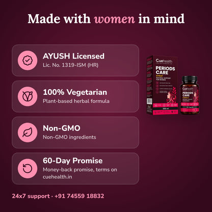 Cuehealth Periods Care Combo for Women | Ayurvedic Syrup 300ml + 30 Capsules | Period Comfort, PMS & Hormonal Balance
