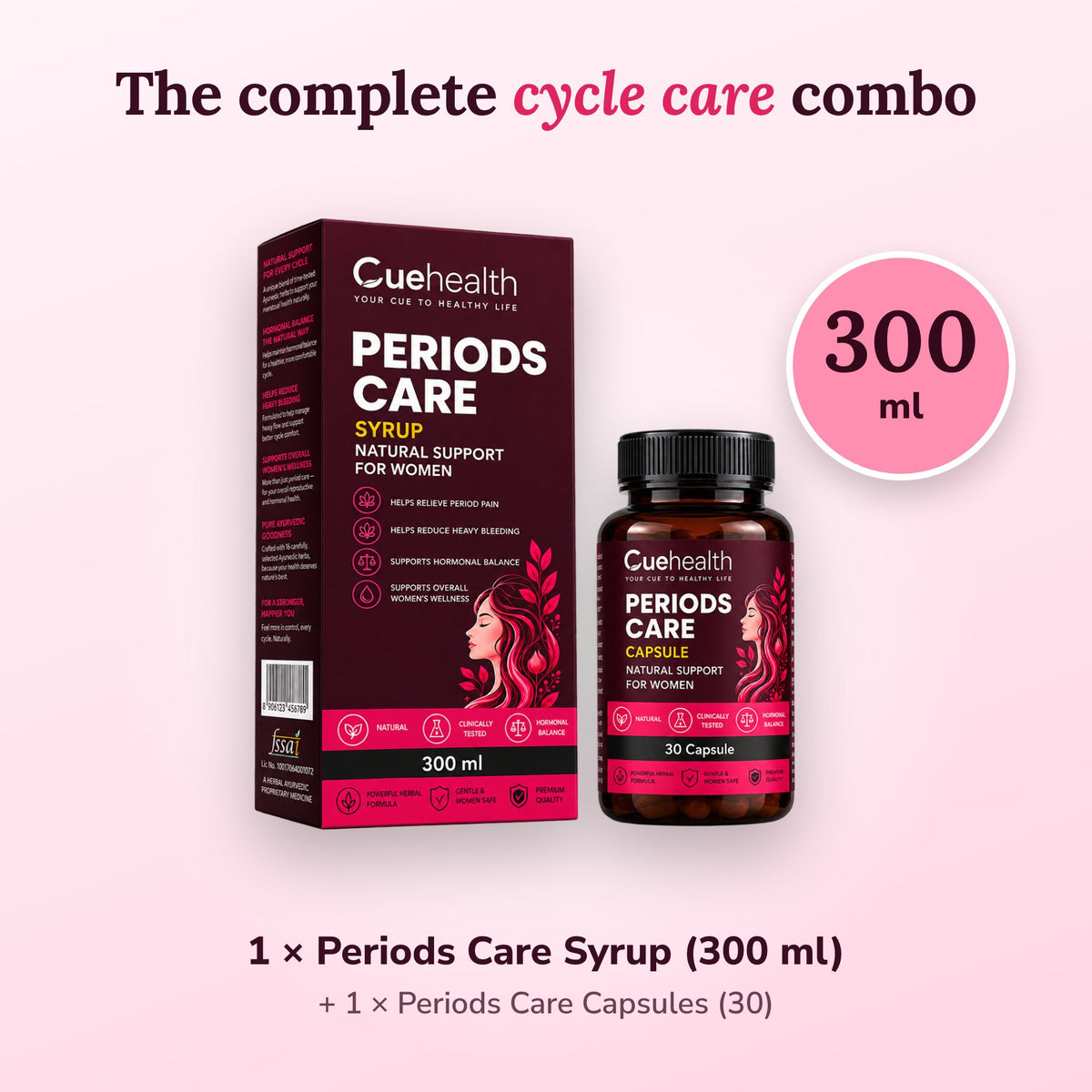 Cuehealth Periods Care Combo for Women | Ayurvedic Syrup 300ml + 30 Capsules | Period Comfort, PMS & Hormonal Balance