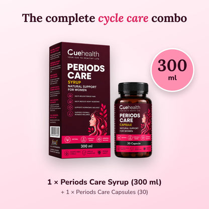 Cuehealth Periods Care Combo for Women | Ayurvedic Syrup 300ml + 30 Capsules | Period Comfort, PMS & Hormonal Balance