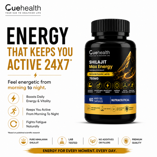 Cuehealth Shilajeet Max Energy (60 Capsules) | 100% Pure Himalayan Shilajit Extract | Ayurvedic Daily Energy & Vitality Supplement for Men