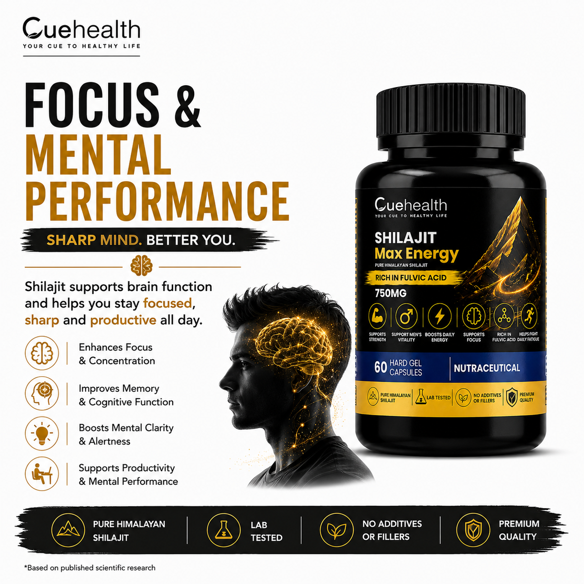 Cuehealth Shilajeet Max Energy (60 Capsules) | 100% Pure Himalayan Shilajit Extract | Ayurvedic Daily Energy & Vitality Supplement for Men