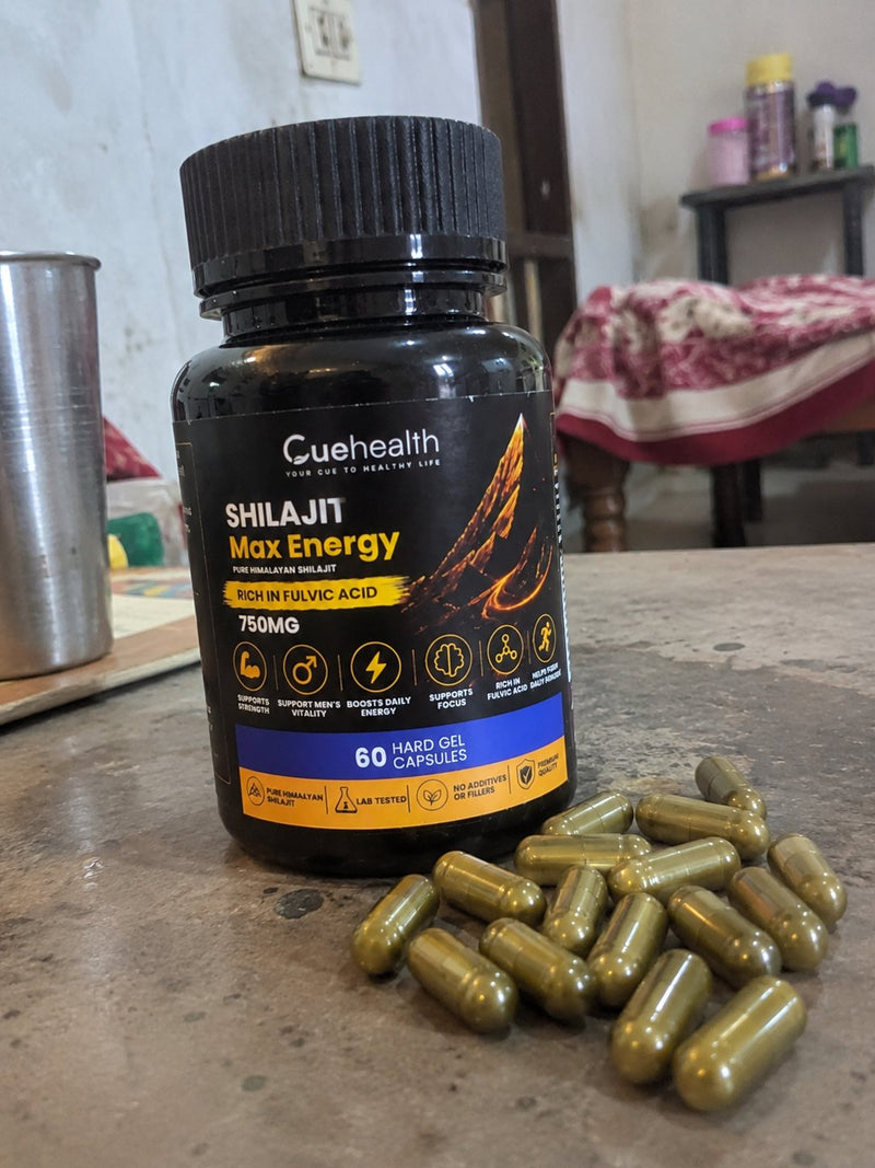 Cuehealth Shilajit Max Energy bottle and capsules shared by Rohit Verma
