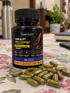 Cuehealth Shilajit Max Energy bottle and capsules shared by Amit Gupta