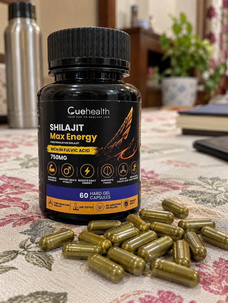 Cuehealth Shilajit Max Energy bottle and capsules shared by Amit Gupta